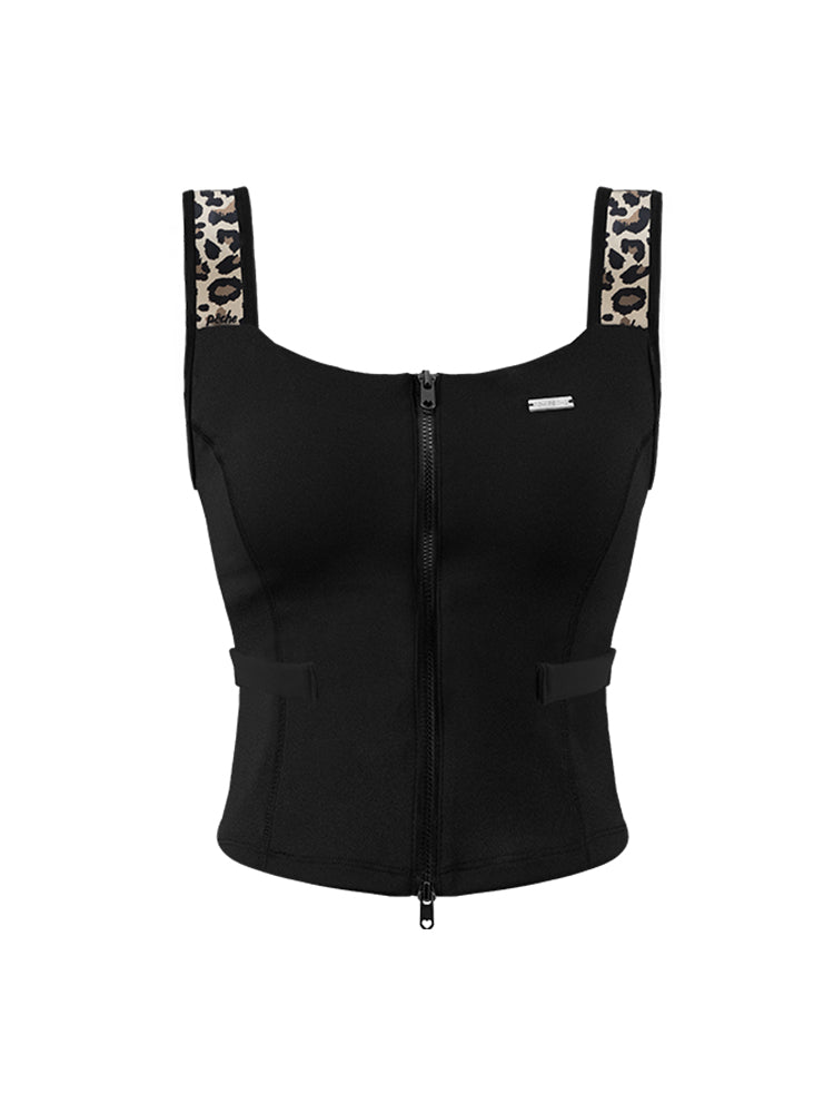 ELLIE Camiseta sin mangas con cremallera frontal y estampado de leopardo - Negra