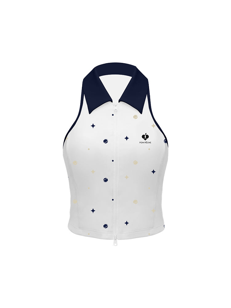 White zip-front tennis tank with navy collar and star print, offering a chic, preppy look for court or city wear.