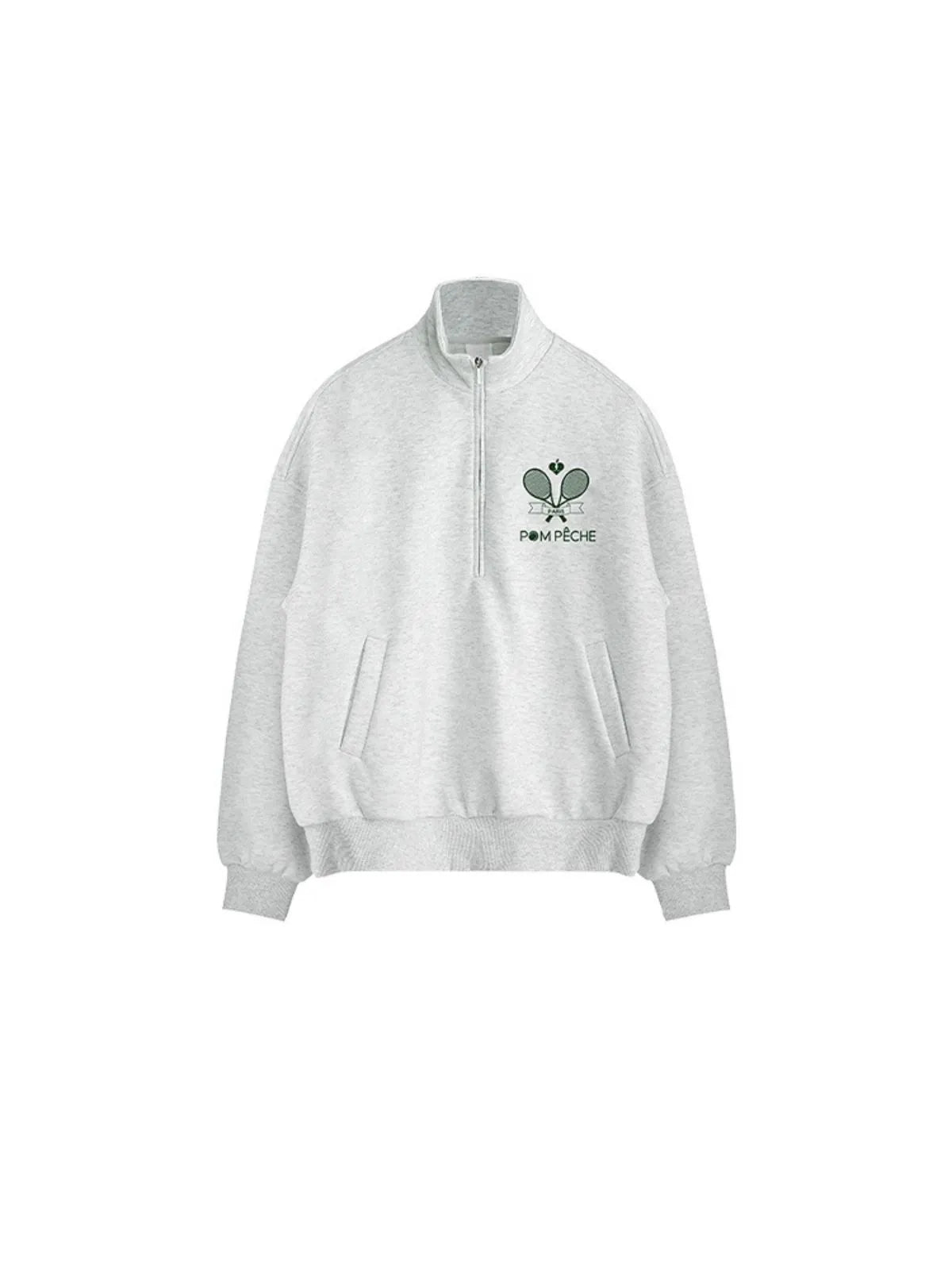 Gray sweatshirt with a logo on a white background