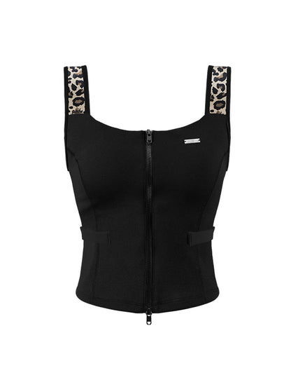 ELLIE Camiseta sin mangas con cremallera frontal y estampado de leopardo - Negra