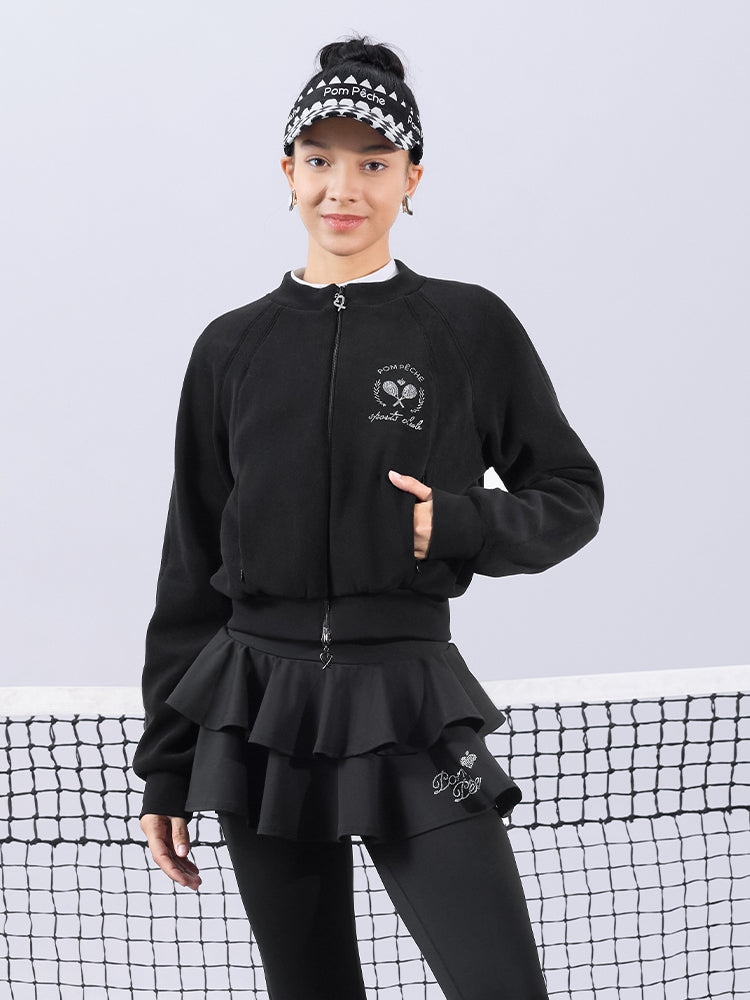Black fleece zip-up jacket with a soft texture and subtle logo detail, offering a polished yet cozy look.