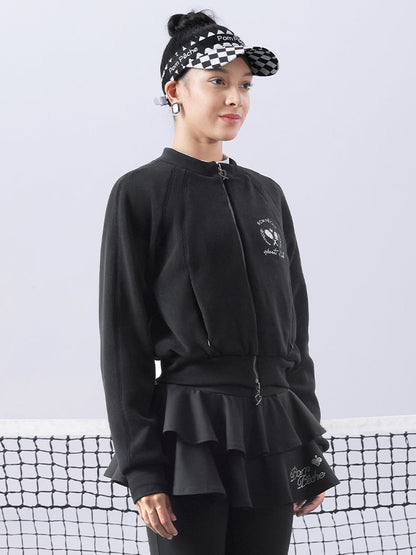 Black fleece zip-up jacket with a soft texture and subtle logo detail, offering a polished yet cozy look.