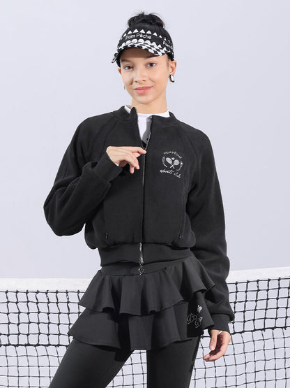 Black fleece zip-up jacket with a soft texture and subtle logo detail, offering a polished yet cozy look.