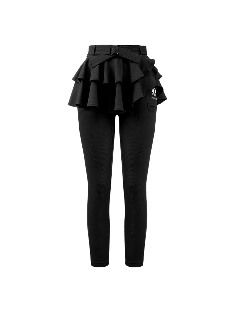 Black tennis leggings with a tiered ruffle skirt and high waist, stretchy fabric for comfort and active movement.