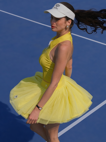 LUMI Falda de tenis amarilla de malla de doble capa