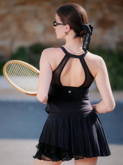Mesh halter tank top from behind. 