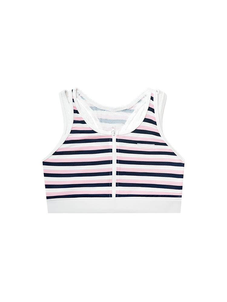 Mya Zipper Crossover Back Sports Black and Pink Stripes Top