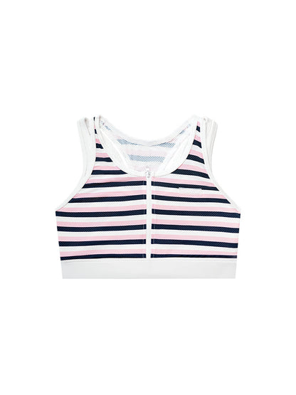 Mya Zipper Crossover Back Sports Black and Pink Stripes Top
