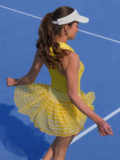 Solene Falda de tenis de malla con estampado de cuadros Amarillos y Blancos